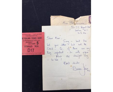 THE ROLLING STONES - Original letter from The Rolling Stones member Brian Jones. Written and signed in the hand of Brian Jone