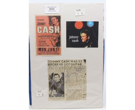 JOHNNY CASH - A montage of pictures mounted with a newspaper cutting of Johnny Cash Signed / Autographed by him in biro. The 