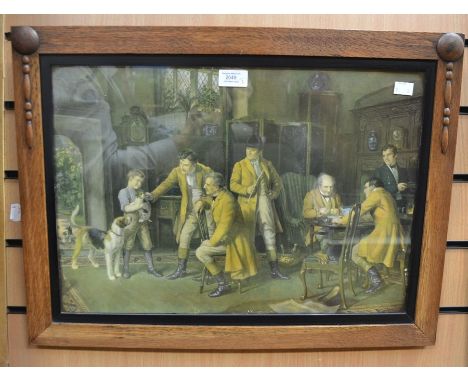 A Victorian style carved oak parlour/milking chair together with a pair of Arts &amp; Crafts oak frames with hunting prints (