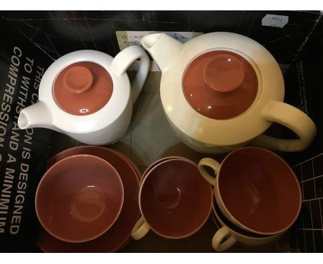 A mid century Poole pottery coffee set, pink and cream colour, AF