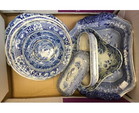 A group of early nineteenth century blue and white transfer printed wares, circa 1800-30. To include: Spode Lucano plate, Pal