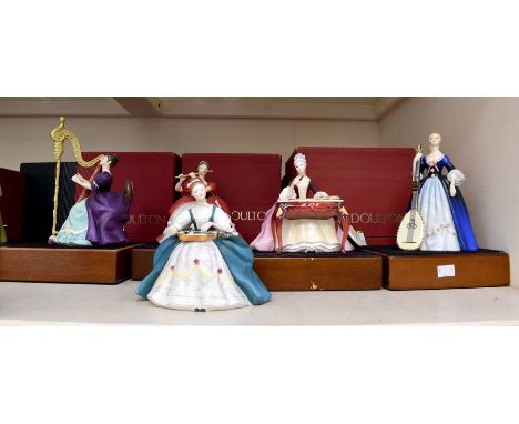 A Royal Doulton set of nine musical figures, comprising; Cello, HN2331, Harp HN2482, Dulcimer HN2798, French Horn HN2795, Hur