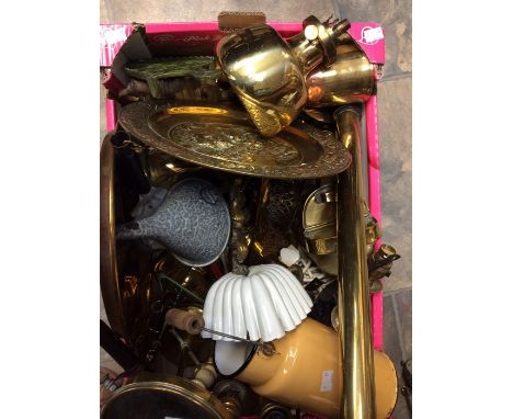 A collection of brass and copper wares including candle stick lamps, mirrors, trays etc, including bed ends