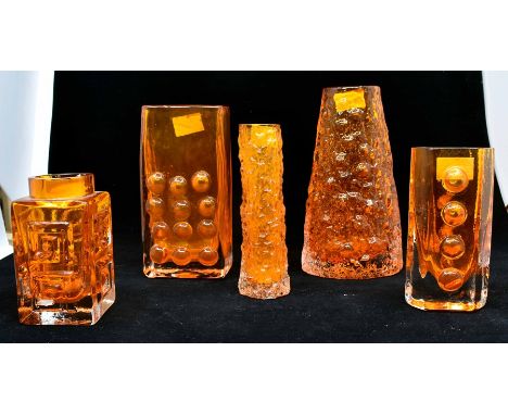 Whitefriars- A collection of Whitefriars vases in Tangerine comprising cylindrical 'Bark' vase height approx 14.5cm, 'Greek K