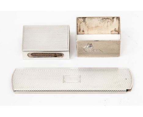 An Art Deco silver napkin ring, Birmingham 1934; together with match box sleeve, Birmingham 1936; and a comb case London 1955