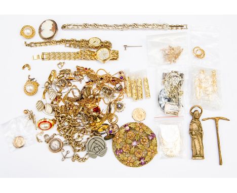 A collection of costume jewellery to include gold plated pendants set with synthetic ruby, along with garnet on plated chains