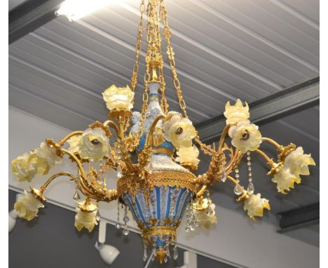 A Large Sevres Style Bleu Celeste Porcelain and Ormolu Sixteen Light Electrolier, 20th Century, central column adorned with p