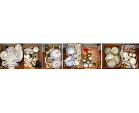 Seven boxes of miscellaneous household china, glass and metalwares including a Chantilly pattern part dinner service; a Victo