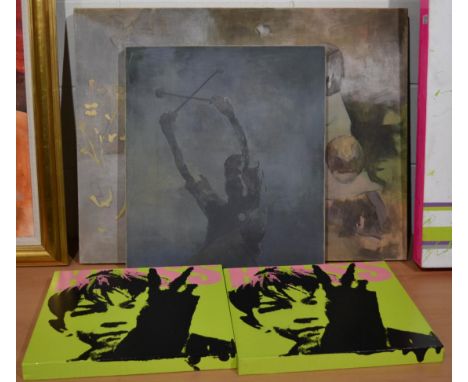 R Walker (Contemporary) Children in a landscape, signed, oil and spray on canvas, together with two further works by the arti