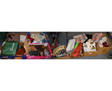 Eight boxes of textiles including assorted fabrics, crocheted work, net, silk and other scarves, silk and other ties, dickie 