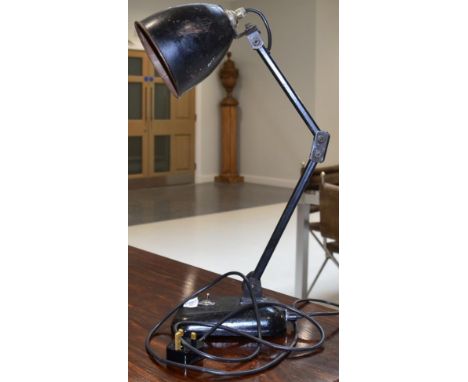 A Vintage Pivoting Metal Anglepoise Lamp, with original shade, fitted for electricity, the base 17cm by 12cm