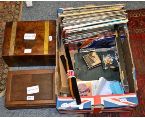 A humidor, a 19th century brass bound walnut writing slope, a small quantity of bronze and nickel coins, a silver mounted amb