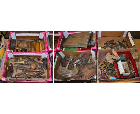 A large collection of useful vintage tools suitable for a cabinet restorer and other miscellaneous items (five boxes)