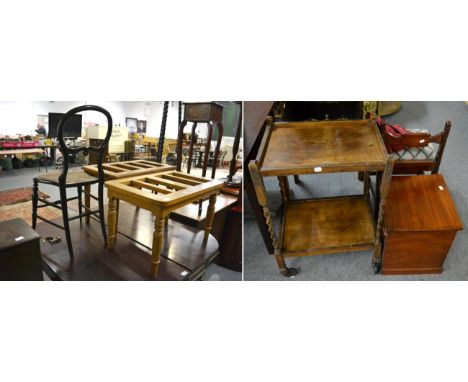 Two pine luggage stands, a mahogany commode, an oak trolley and a cane seated chair (5)