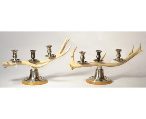 A Pair of Ralph Lauren Stevenson Triple Antler Candelabra, of recent date, with polished metal candle holders and circular ba