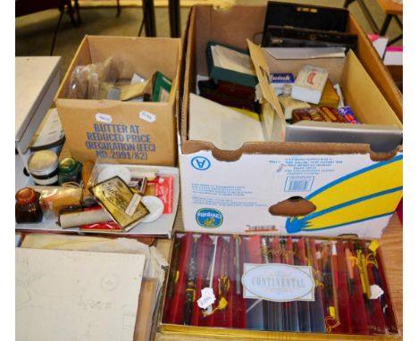 A collection of calligraphy architectural engineering and other writing implements and materials, including a Conway Stewart 
