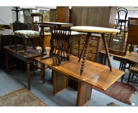 An Art Deco walnut drawer leaf table; a Victorian table with three boldly turned legs; a Japanned butlers stand converted to 
