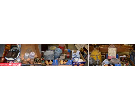 Various galvanized pails, collectable vintage tins, painted Shell tractor oil tins, ceramics and glass (eight boxes)