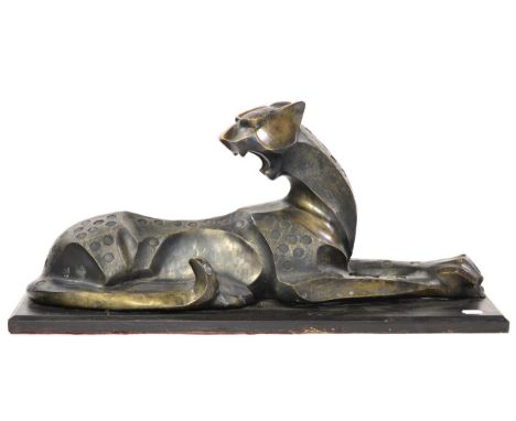 Notari (20th century): A Bronze Model of a Recumbent Leopard, raised on a rectangular ebonised base, the base 74cm by 24cm by