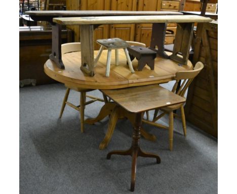 Two pine benches, a 19th century oak tripod table and two stools 