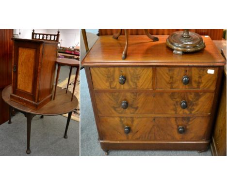 A mahogany three height chest of drawers, a pot cupboard and a gate leg table 