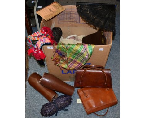 Assorted textiles including a floral printed quilt; shawls; black lace and sequinned fan; three leather bags; pair of brown l