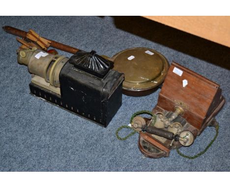 A vintage wall-hanging telephone, magic lantern projector, a copper bed warming pan etc (4)  