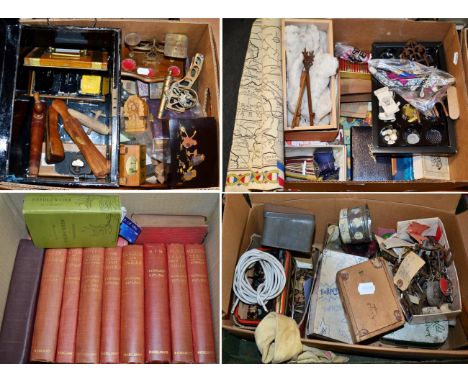 Four boxes of miscellaneous items, including Machline ware, cottage form money bank, postal scales, a Japanese lacquer tea ca