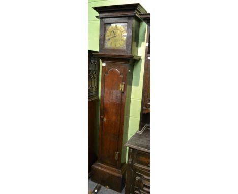 An oak thirty hour longcase clock, 18th century, 9 3/4'' square brass dial, with chapter ring signed J. Hall. Desford