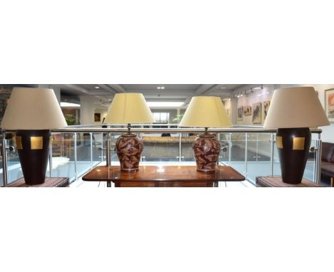A Pair of Modern Brown and Gilt Decorated Ceramic Table Lamps, fitted for electricity, 61cm high,  each fitted with a light b