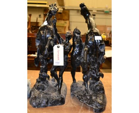 A pair of spelter Marley horses (a.f.) and a modern five light chandelier