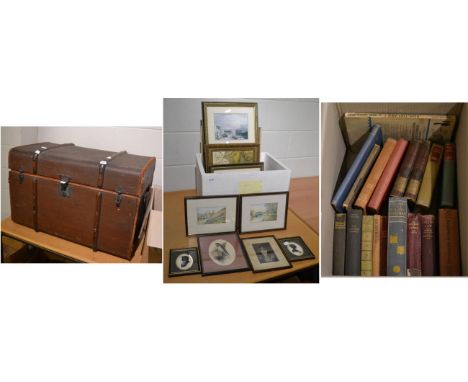 A wooden bound canvas trunk together with a quantity of books, prints and other pictures