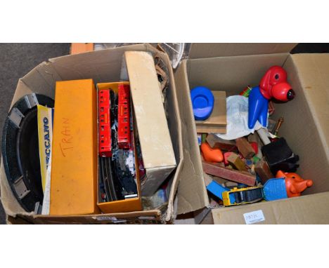 Two boxes of wooden, tin plate and other toys