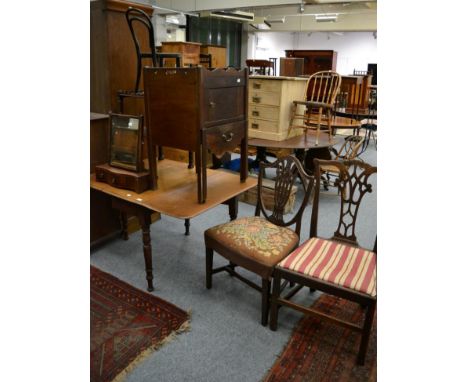 A drop leaf table, a two tier whatnot (a.f.), a cane seated chair, two 19th century chairs, a commode and a toilet mirror (7)
