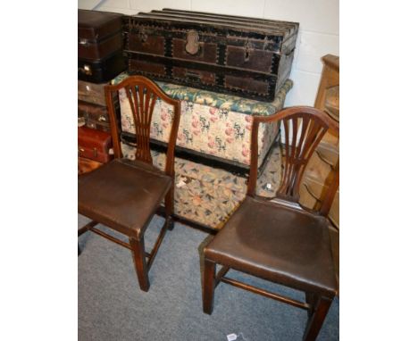 Two Ottomans, a metal and wooden bound canvas trunk and two mahogany dining chairs