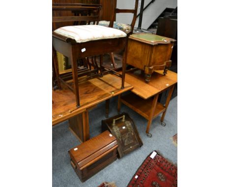 A 19th century mahogany commode, an oak trolley, a piano stool, a sewing machine and a coal purdonium (5)