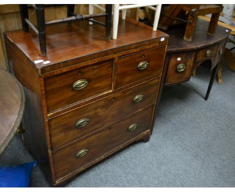 A 19th century three height chest of drawers and a bow fronted sideboard of small proportions