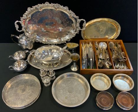 Plated Ware - a two handled serving tray;  gallery trays;   bottle coasters;  canteen;  three piece tea service;   etc 