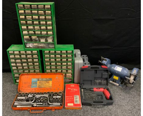 Tools - a comprehensive draper square drive socket set;  tap and die set;  three engineers' fixings cabinets with contents (s