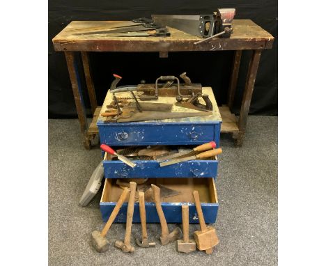 Wood-working tools - saws, planes, chisels, bench with vice, etc. 
