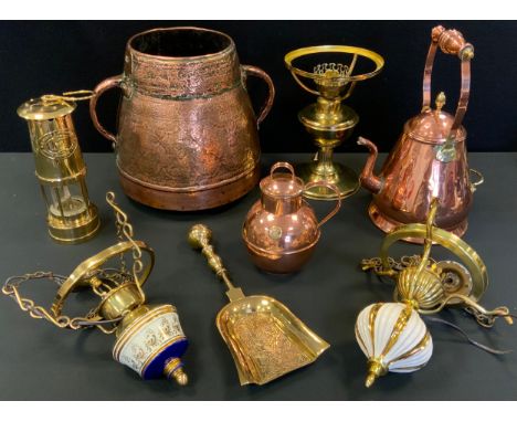 A Thomas &amp; Williams miner's lamp;  a copper coffee pot;  a copper jersey jug;  light fittings 
