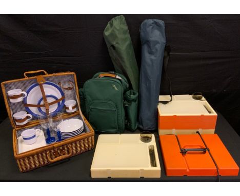 Picnic sets;  wine rack;  wicker hamper;  camping tables;  camping chairs 