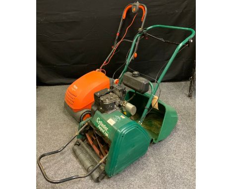 A cylinder petrol mower;  a Flymo Lawnrake Compact 3400 lawn mower (2) 