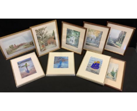 Steven Jones, after, On the Beach, coloured print, 23cm x 15cm;  Valerie Petts, a set of six coloured prints, Oxford;  W Skel