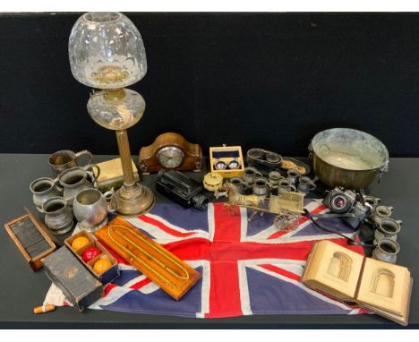 Pewter mugs;  oil lamp;  Victorian photograph album;  Praktica BC1 camera; Union Jack 