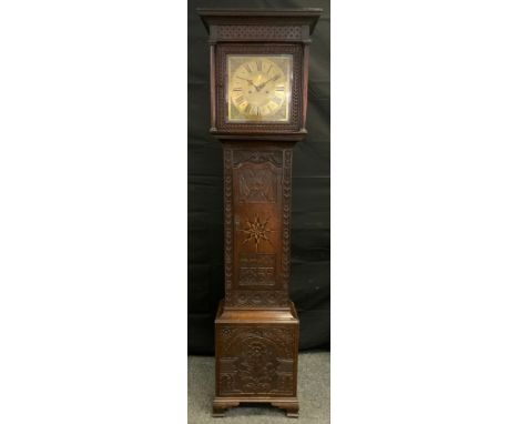 An 18th century oak longcase clock, the 29cm brass square dial with Roman numerals, twin winding holes, striking on a bell, t