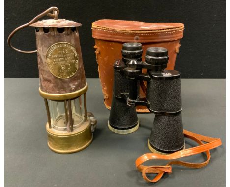 An Eccles miner's lamp;  Prinz  16 x 50, leather case 