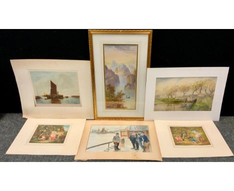 H Wright Rudby, North Bridge Wareham, signed, dated 1909, watercolour, 29cm x 47cm;  Continental School, Misty River Beneath 