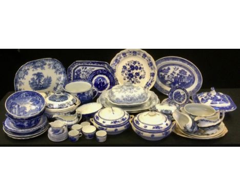 Blue and White - Spode Italian pattern chamber pot;  dinner plate;  Staffordshire Asiatic Pheasant tureens, cream jug, etc, c