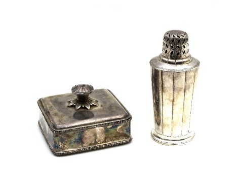 A square silver box and cover, A M, Birmingham 1948, with floral finial and beaded borders, 10.5cm wide and a sugar sifter by